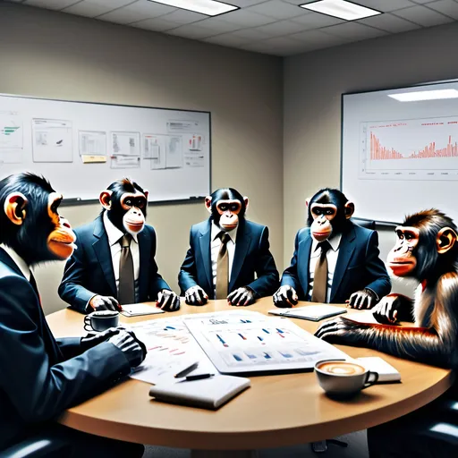 Prompt: "An image of a group of monkeys in a cinematic, realistic office setting, dressed in professional business attire, sitting around a conference table. The lead monkey, a larger and more dominant figure, is standing and speaking with a serious expression. On the table are papers, a laptop, and a few coffee cups. The background features a modern office with charts and a whiteboard. The scene is designed to look realistic and dramatic, as the lead monkey delivers a speech in French: 'Nous sommes ici pour innover des méthodes pour nourrir la corruption et la propager plus rapidement, tout en convainquant le peuple que c’est une réforme. Nous travaillons contre le temps.' The tone is satirical and dark, emphasizing the comical yet serious nature of the scene."