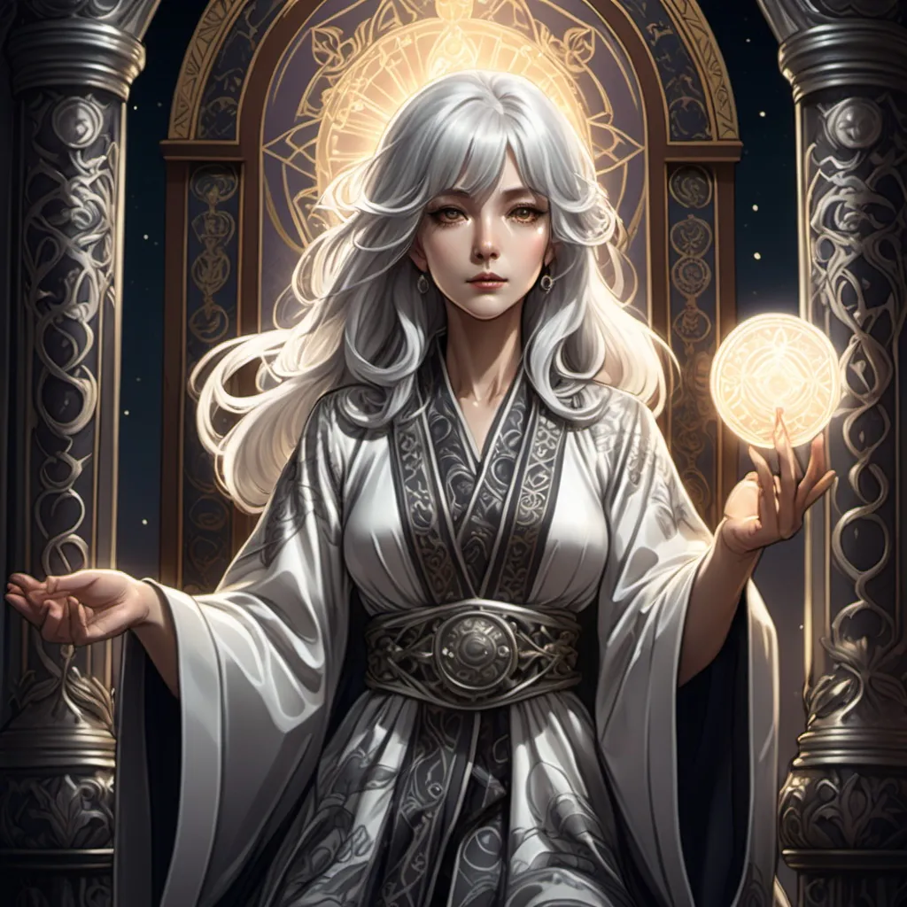 Prompt: tarot card Anime illustration, a silver-haired woman, detailed ornate cloth robe, dramatic lighting