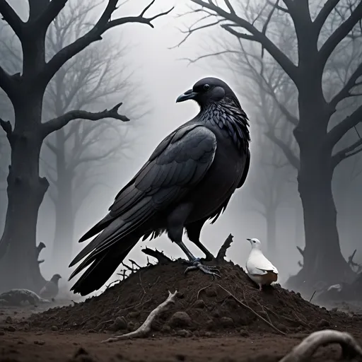 Prompt: (crow burying a dead white dove), (Abel and Cain theme), dark and moody atmosphere, dramatic lighting casting shadows, rich deep colors contrasted with stark white, a haunting background of twisted trees and a misty grave, high emotional intensity, detailed feathers on the crow, intricate textures in the soil, ultra-detailed imagery, 4K quality. The white doves body is half under soil