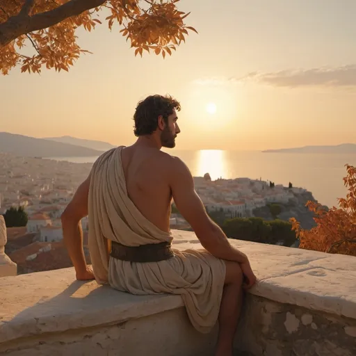 Prompt: un soldat de la Grèce antique regarde à l'horizon (sunset) bathing the scene in warm, golden hues, (historic Greece, 1st century),  vivid details capturing the vibrant atmosphere, scattered leaves rustling in the gentle breeze, (ultra-detailed, 4K).