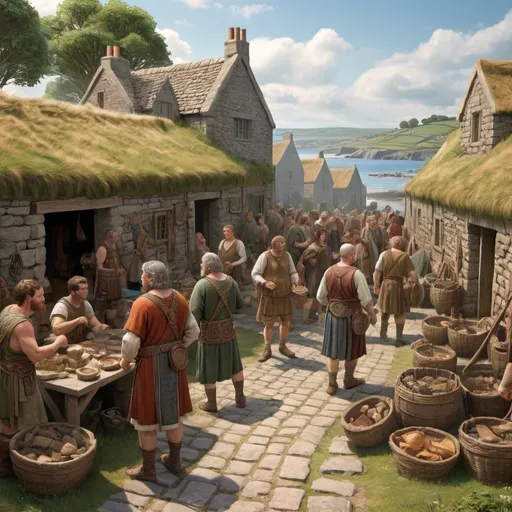 Prompt: (1st century celtic scene), detailed view of a village in ancient england, citizens engaged in daily activities, historical accuracy, marketplace , vibrant colors, , intricate clothing of the era, proxmity with the sea, rich ambience of history and culture, ultra-detailed, immersive experience.