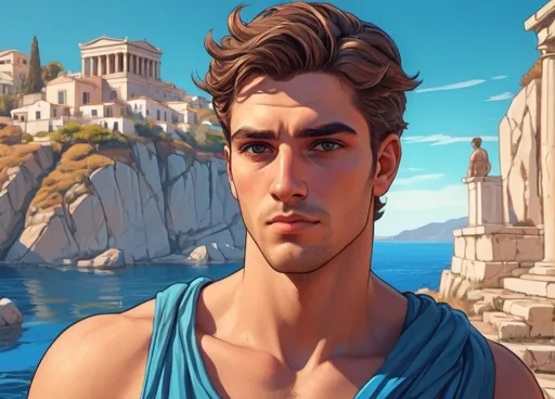 Prompt: (cartoons illustration) portrait of a handsome young man in antiquity,  video game style, vibrant colors, dynamic expression, anciant greece background with the sea, high energy atmosphere, engaging artistic flair, sharp outlines and exaggerated features, bold shading and styling, modern character portrayal, (ultra-detailed) character design inspired by video game aesthetics.