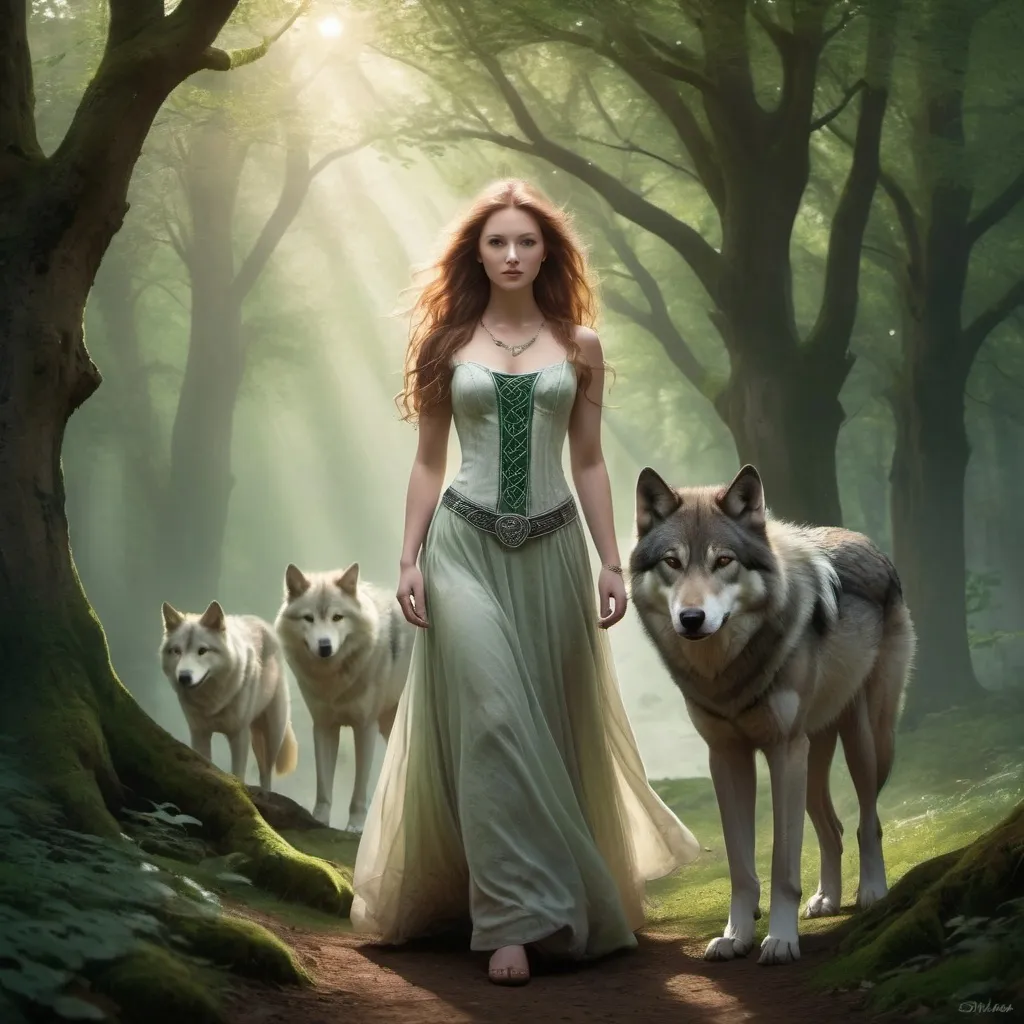 Prompt: (1st century Celtic woman), walking gracefully beside a majestic wolf, (mysterious) atmosphere, ancient forest with dappled green light filtering through the trees, enchanting shadows, ethereal mist swirling around, muted earthy tones, high detail textures, captivating expressions, harmonious connection with nature, (ultra-detailed), tranquil yet powerful vibe.