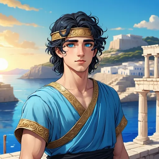 Prompt: cartoon, beautiful 20 year old man, oil tan skin, black wavy hair, black eyes, blue ancient greek tunic, blue eyes, blue makeup, golden circlet, ancient greek pier background, cartoon, bande dessiné, video games style