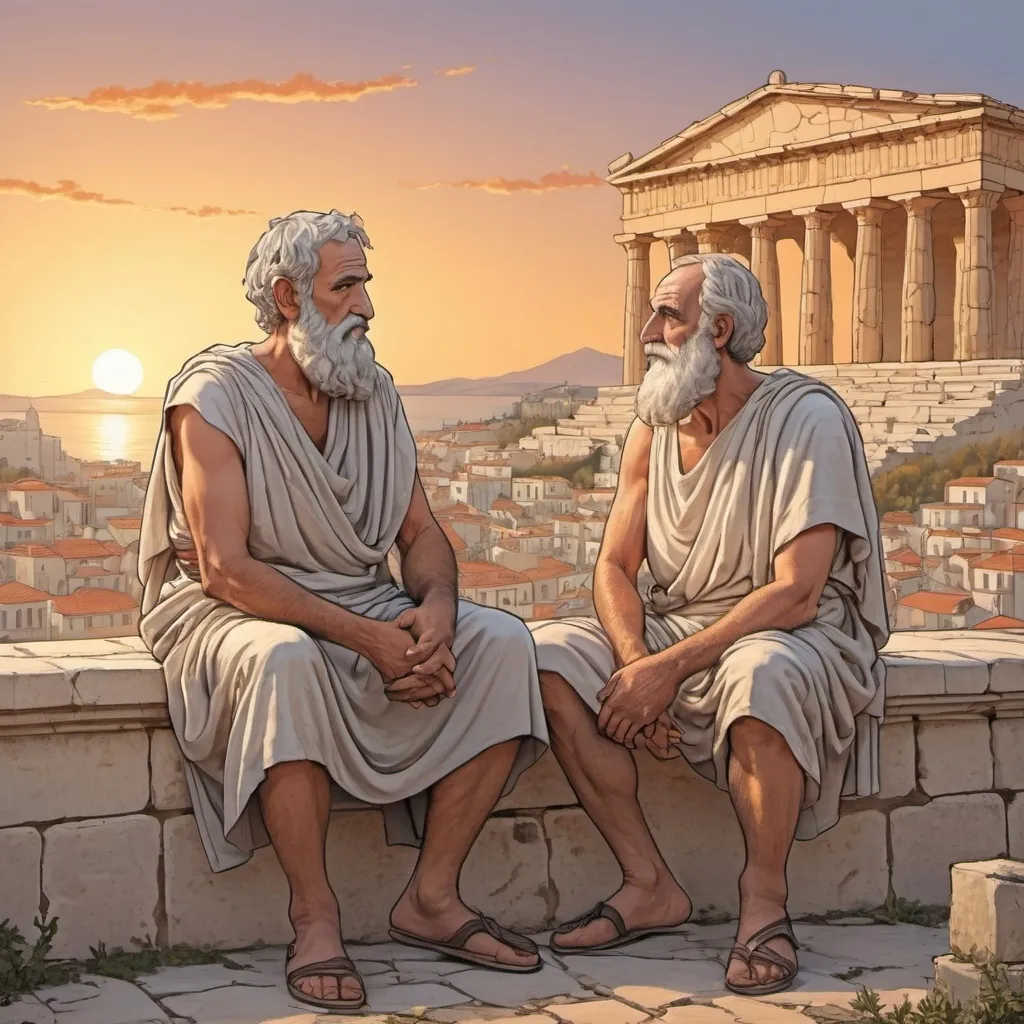 Prompt: cartoon style, bande dessinée, deux hommes de 50 ans, en tunique grec antique, la Grèce antique, admirent la vue d'une cité grecque, architecture antique, coucher de soleil