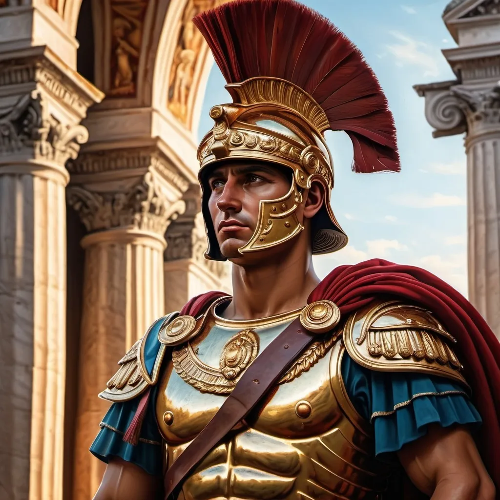 Prompt: (Ancient Roman praetorian soldier), majestic armor adorned with intricate detailing, confident pose, vivid oil painting style, rich colors reflecting the glory of Rome, dramatic lighting casting shadows, historic roman architecture, evoking a sense of honor and strength, (ultra-detailed) composition, beautifully textured canvas, enhancing the heroic aura of the soldier.