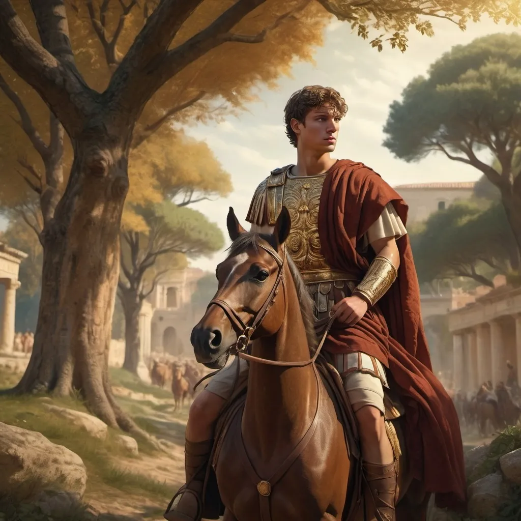 Prompt: (tunic of the Roman Empire), young man , detailed face, brown hair, riding horseback, 1st century, (immersive and detailed painting), (captivating atmosphere), rich earthy tones, golden light filtering through trees, lush landscape in the background, evoking a sense of adventure and history, depicting elegance and strength, (ultra-detailed), 4K, cinematic masterpiece.