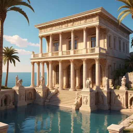 Prompt: (ancient Roman villa), (cartoon) supber view on the mediteran sea, marble architecture, columns, historically rich , splendid view on the sea, with palm trees, and beach, warm golden tones with soft shadows,  classical sculptures(4K ultra-detailed) scene, evoking a sense of power and antiquity. 