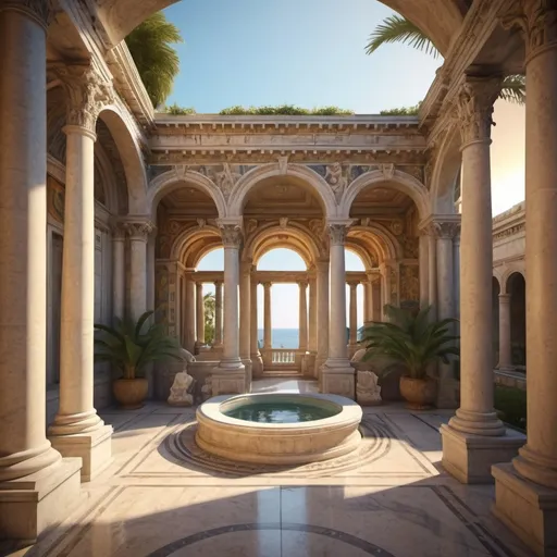 Prompt: (ancient Roman villa), grand marble architecture, intricate columns, historically rich ambiance, splendid view on the sea, with palm trees, warm golden tones with soft shadows,  aged scrolls and laurel wreaths, an atmospheric background of vivid mosaics, glowing sunlight filtering through arched windows, classical sculptures adorning walls, (4K ultra-detailed) scene, evoking a sense of power and antiquity.