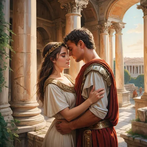 Prompt: a young couple in ancient Rome, (passionate love), traditional tunics, gentle embraces, soft gazes, warm sunlight illuminating their faces, romantic atmosphere, classic Roman architecture in the background, detailed textures of stone and marble, lush greenery surrounding, (vibrant colors), (ultra-detailed) with intricate details, captures deep emotion and connection, (historical setting).