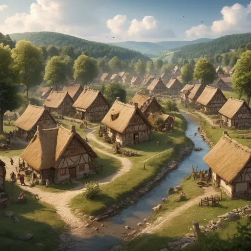 Prompt: ultra-detailed representation of a germanic village close to a forest with a small river (1st century antiquity), rustic architecture with thatched roofs, cobblestone paths, lush greenery surrounding the village, farmers tending to crops, vibrant campfires glowing, historic atmosphere, warm tones among the structures, people in ancient attire, intricate tools scattered, birds flying overhead, extensive background filled with nature, (HD, high quality)