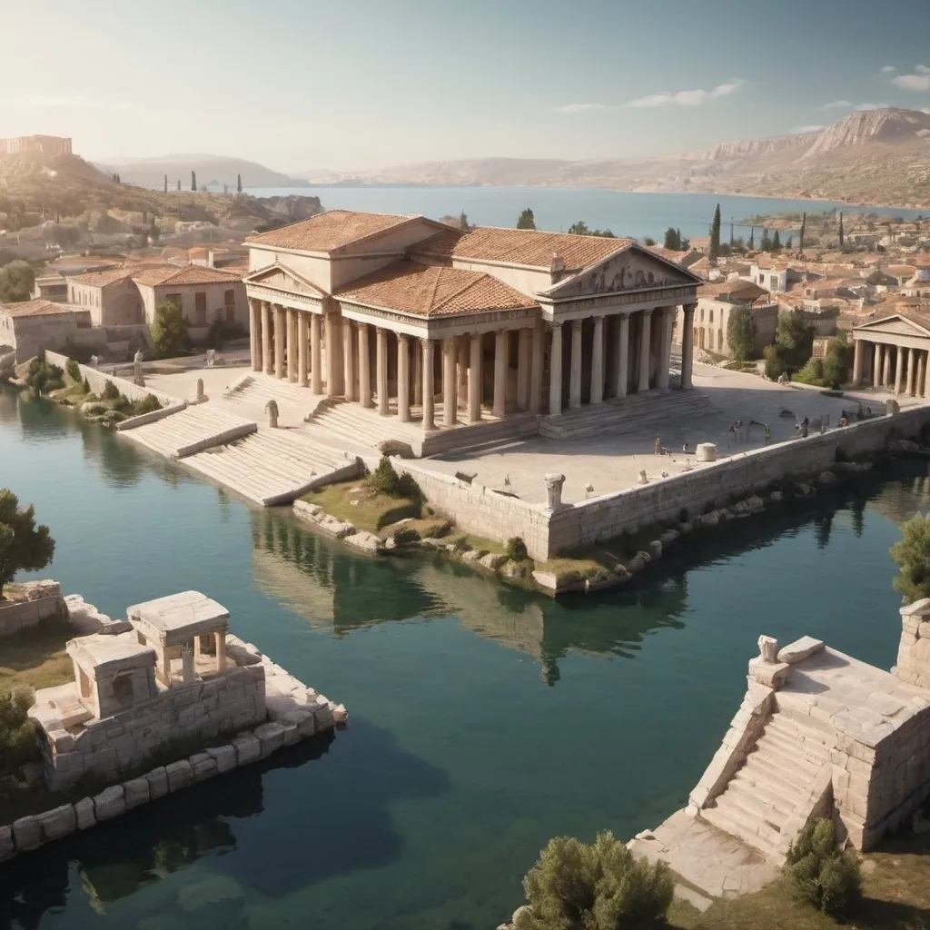 Prompt: kingdom with Ancient Greece architecture. A lot of building. A lake. historic atmosphere