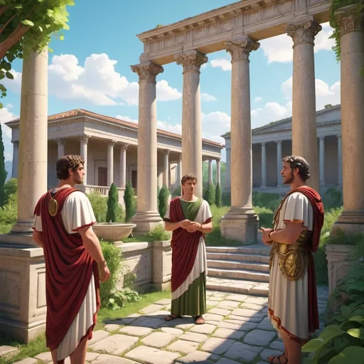 Prompt: (Animated cartoon style) Roman aristocrats in elegant tunics, engaged in an intense negotiation, breathtaking backdrop of an ancient Roman villa with grand architecture, lush greenery, vibrant colors, detailed marble columns, charming cobblestone pathway, sunny atmosphere, lively expressions on characters, high-quality illustration, (4K), captivating scene of historical interaction.