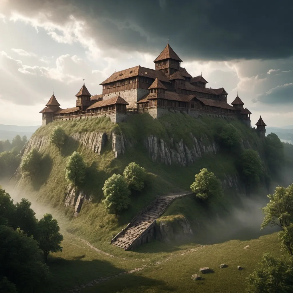 Prompt: (wooden Dacian fortress), ancient architecture, (1st century), historical accuracy, rugged terrain, dramatic clouds, warm earthy tones, intricate details in wood carving, atmospheric mist, lush greenery surrounding the fortress, ancient artifacts, sun rays breaking through clouds, cinematic lighting, high-quality, ultra-detailed, immersive ambiance, evoking a sense of history and valor.