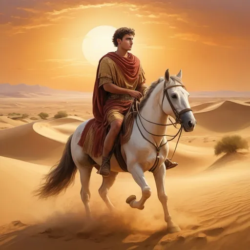 Prompt: a 20 years old carthagian man on horseback, punic dress,  large desert in background, historical scene, ancient scene, 1st century era, painting style