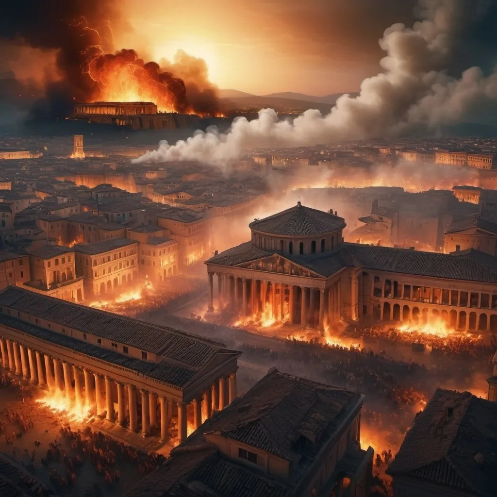 Prompt: An ancient roman city burning whole while being attacked by barbarians, sparks of fire are falling from the sky, and there's a foggy background full of smoke at night