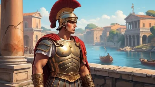 Prompt: (cartoon) cartoon illustration of a young roman general, (rome antique)  20-year-old man,  roman military equipment, (ancient roman pier background), (vibrant colors), (dynamic anime style), (ultra-detailed), (video games style), (whimsical ambiance), bright and cheerful atmosphere. vibrant colors, dynamic,  cinematic flaird, playful vibes, 4K resolution, engaging composition, capturing the essence of ancient rome



