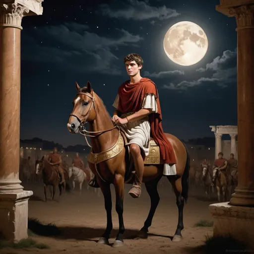 Prompt: young man of 20 years old, brown hair, on horseback, tunic of the roman empire, roman empire period, 1st century, during the night, painting style