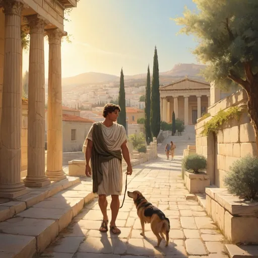 Prompt: (ancient Greece scene), a youthful Greek ephebe strolling through Athens, a dog on his side, vibrant ancient architecture, classical columns and houses, warm golden sunlight casting long shadows, nostalgic and serene atmosphere, soft breezes through olive trees, interactive onlookers, historical details beautifully captured, ultra-detailed, artistic rendering, harmonious color palette.