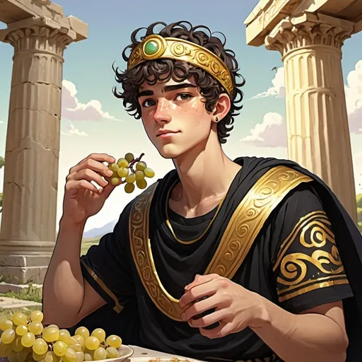 Prompt: (cartoon) 20-year-old man eating grapes, wearing a (black and gold ancient Greek tunic), striking, adorned with a (golden circlet), set in an (ancient Greek battlefield), vibrant colors, (dynamic anime style), (ultra-detailed), with video game aesthetics, (comic book) visuals, expressing a (whimsical ambiance) and a joyful atmosphere, full of life and energy, bringing the scene to dynamic and captivating life.