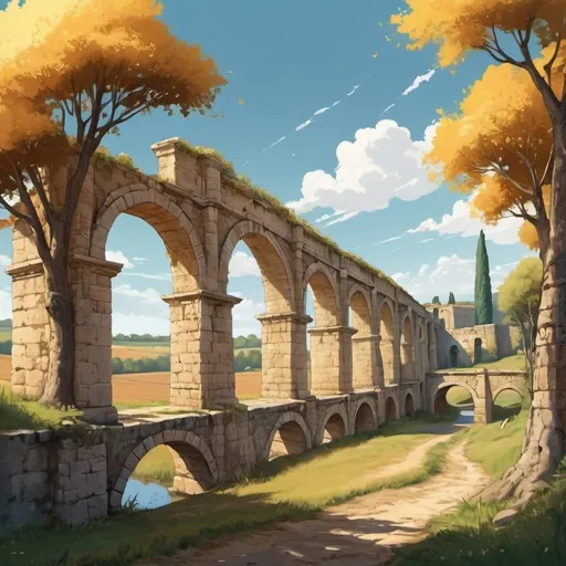 Prompt: Style bande dessinée, Un aqueduc au milieu de la campagne, décors de paysage romain, arbres anciens, ambiance dynamique et historique, couleurs éclatantes, soleil brillant, illustration captivante, (HD), style artistique expressif et cartoonish.