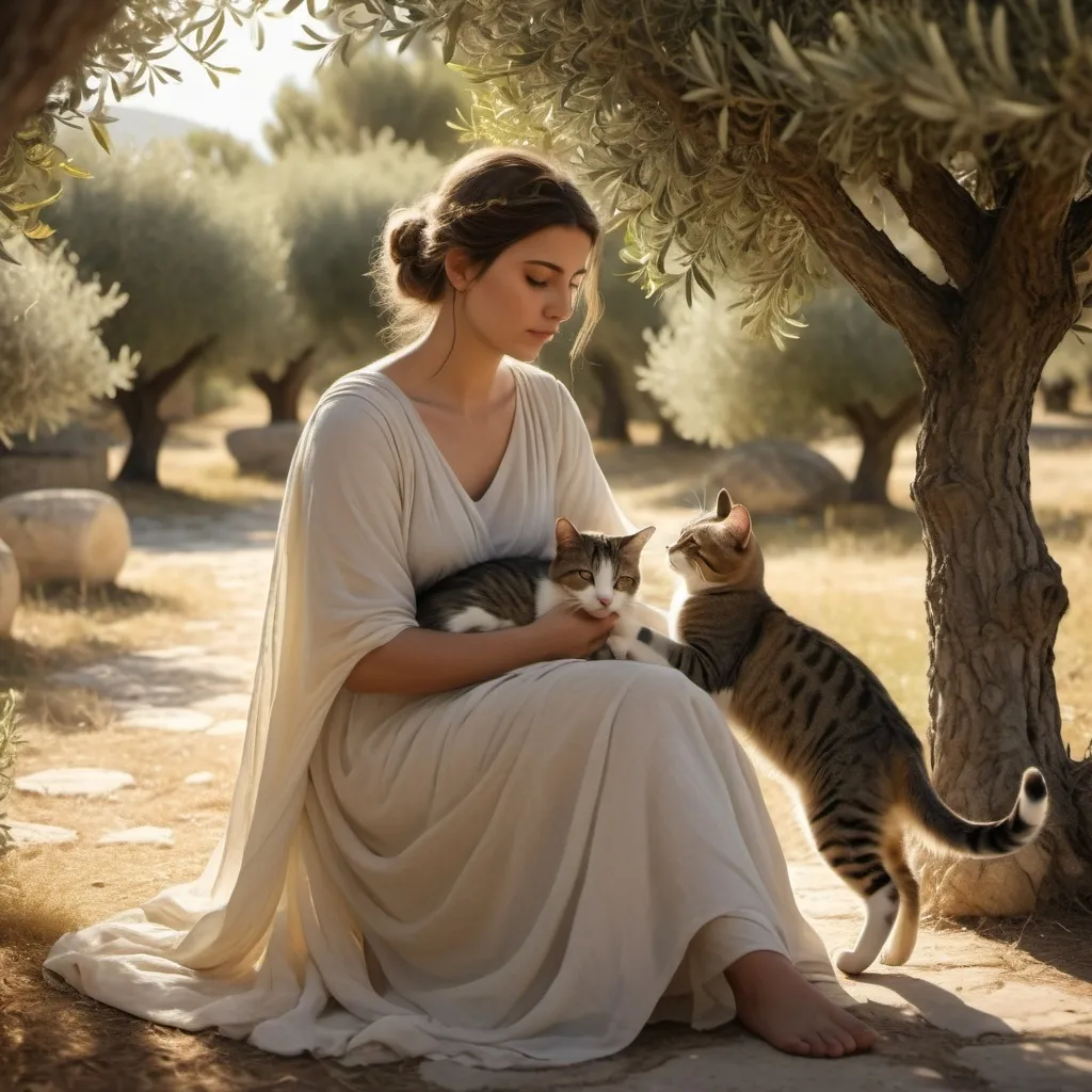 Prompt: a greek lady from ancient greece is petting a cat in an olive grove