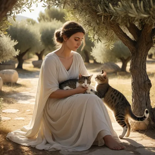 Prompt: a greek lady from ancient greece is petting a cat in an olive grove