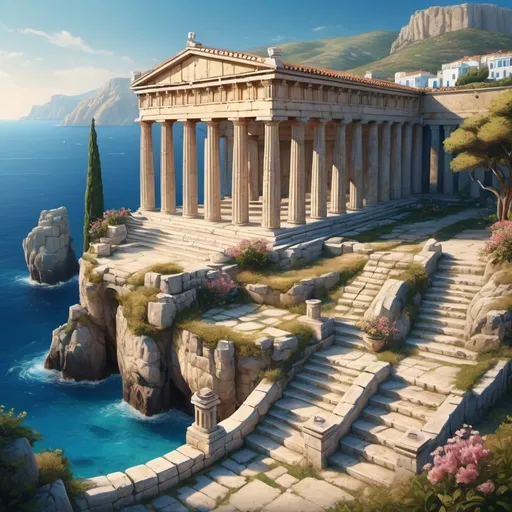 Prompt: (1st-century architecture), magnificent Greek temple adorned with classic pillars, blue and beige tones,  on a tranquil island setting, deep azure sea, an antic garden, vibrant flora surrounding the villa, inviting atmosphere, rugged cliffs in the background, captured in (4K), ultra-detailed, picturesque composition. historic architecture.  view from above. Masterpiece painting style. 