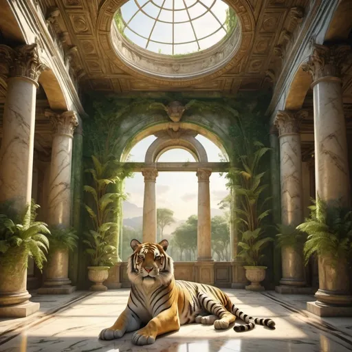 Prompt: majestic tiger, (big and powerful), inside a (breathtaking) Roman antique palace, ornate marble columns, intricate frescoes adorning the ceiling, soft golden light filtering through tall arched windows, lush green vines cascading down the walls, (high detail) (realistic fur texture), (atmospheric elegance), rich historical ambiance, (4K resolution), (cinematic depth).




