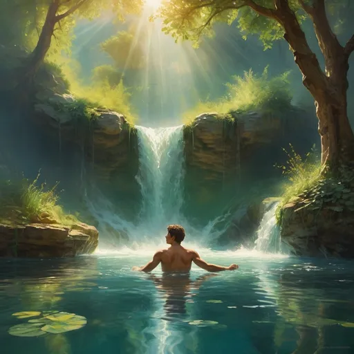 Prompt: (captivating painting of a young man floating on water), (20 years old), (1st century aesthetic), flowing water, impressive cascade, (video game style), (ultra-detailed), vibrant colors, evocative of ancient Roman nature