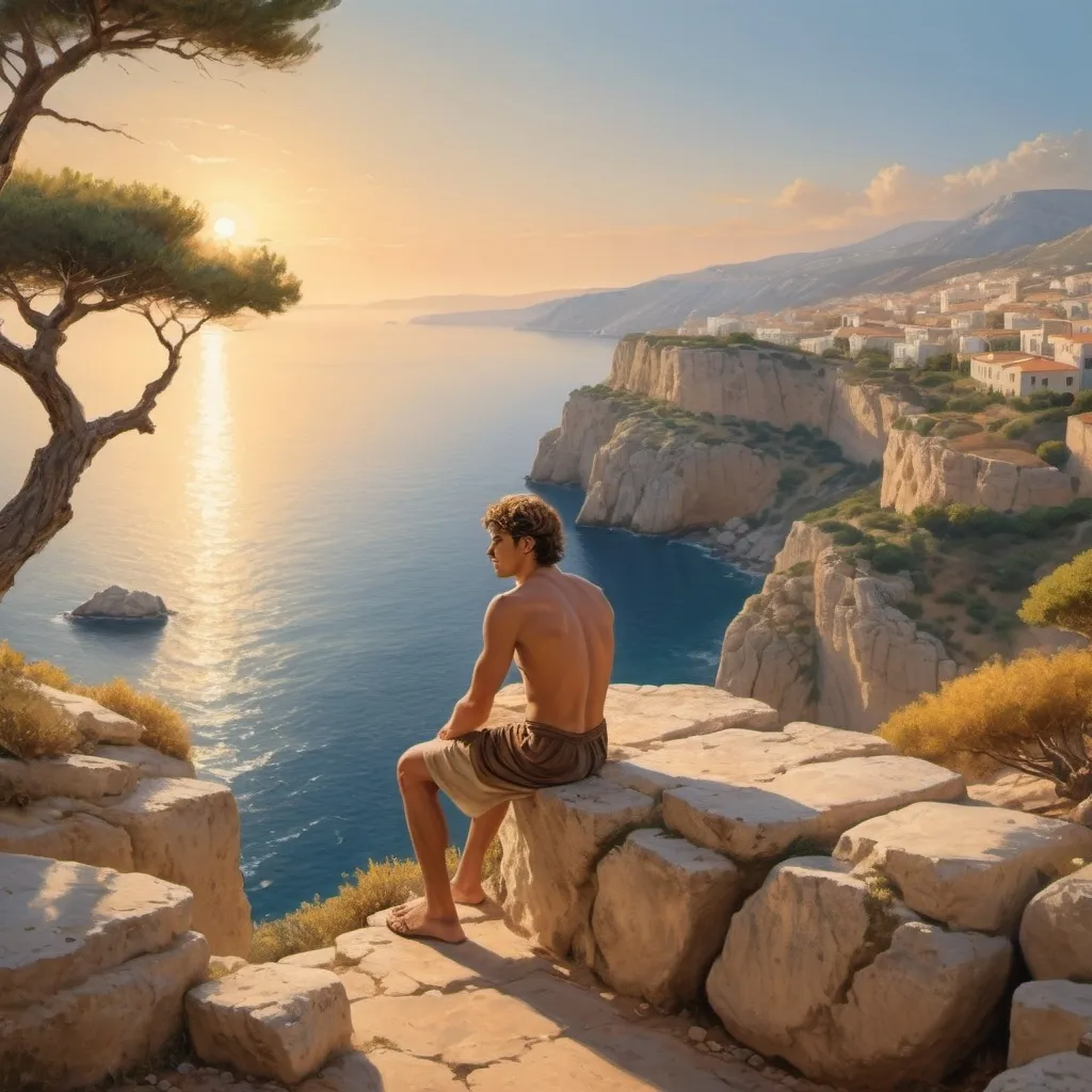 Prompt: scene from antiquity, a young man, 30 years old, looks at the horizon, the Mediterranean sea, ancient greece