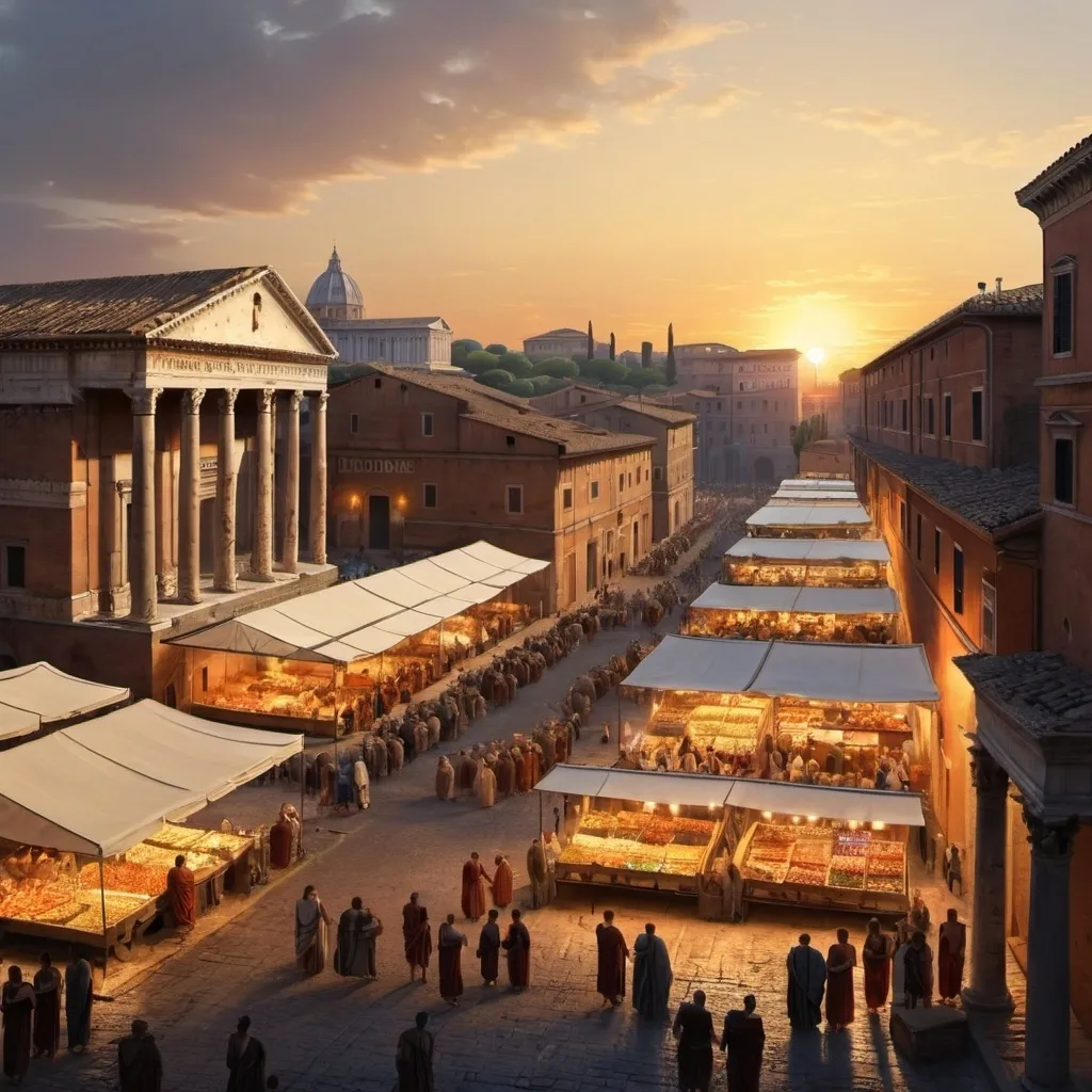 Prompt: busy market in ancient roman city. sunset. historic rome. 1st century. praetorians in distance.