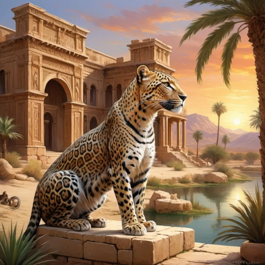 Prompt: (painting style) a leopard in front of a Punic palace, desert landscape with palm trees, (ancient scene) intricate Punic architecture, a serene river edge, ornate colors and iron details, (1st century era) detailed textures and warm tones, (sunset lighting), historical ambiance, lush vegetation blending with arid surroundings, (ultra-detailed) breathtaking view, artistic masterpiece reminiscent of ancient civilizations.