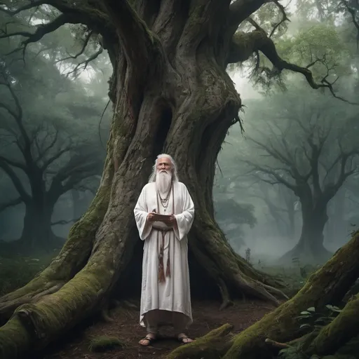 Prompt: (druid performing a ceremony), old man (60 years old), dressed in a (white druid tunic), surrounded by an enchanted forest teeming with ancient trees, magical atmosphere enveloping the scene, dark light, anxious and mystic atmosphere, thunderstorm, mysterious and intense, (4K ultra-detailed) image quality, historic elements traced on the bark of ancient trees, mystical energy in the air.