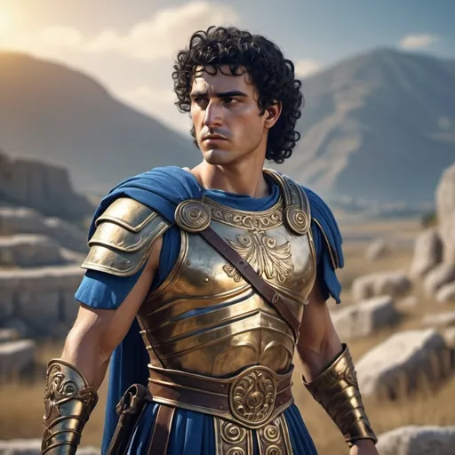 Prompt: (Ancient Greek soldier with blue antic tunic with black curly hair), heroic stance, detailed armor, colors, intricate patterns on clothing, expressive facial features, dramatic lighting highlighting bronze and gold details, backdrop of a historic battlefield, grand mountains in the distance, action-packed scene, (4K resolution), cinematic atmosphere infused with valor and bravery., video game style