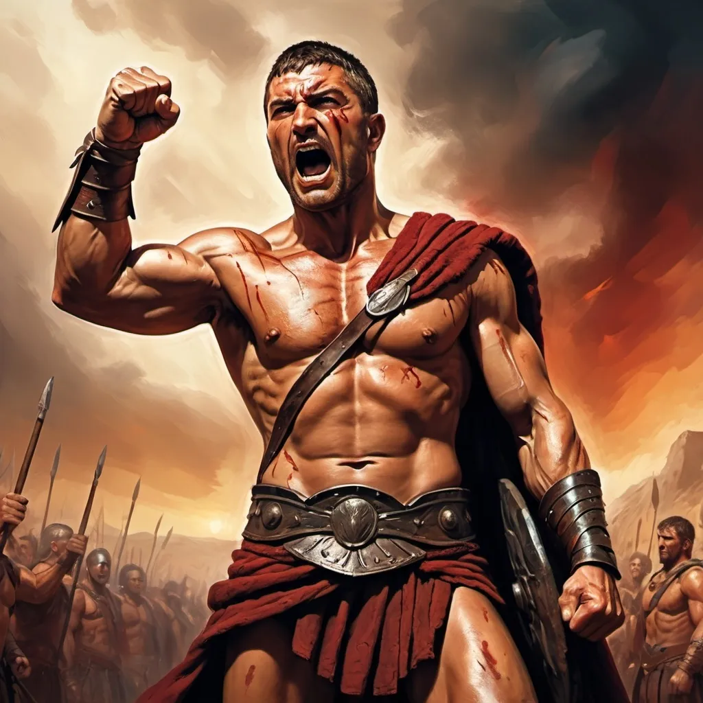 Prompt: (Spartacus raising his fist in defiance), oil painting style, (high-quality illustration), (rich colors), dramatic lighting illuminating the figure, intense facial expression reflecting strength and rebellion, vivid dramatic background suggesting a battle scene, dynamic brush strokes creating movement and emotion, inspiring atmosphere of resistance and courage, 4K detailed visuals, masterful artistic execution.