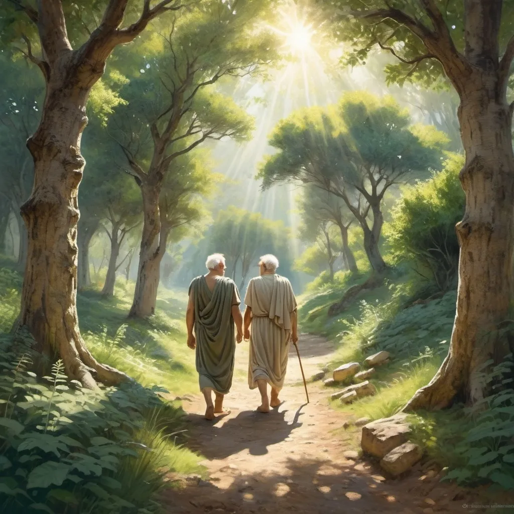 Prompt: (ancient Greece scene), two old men walking in a lush forest, sun-dappled light filtering through the trees, vivid greenery all around, soft earthy tones, (gentle breeze) creating a serene atmosphere, high quality, ultra-detailed, capturing wisdom and friendship, natural elements enhancing the ambiance.