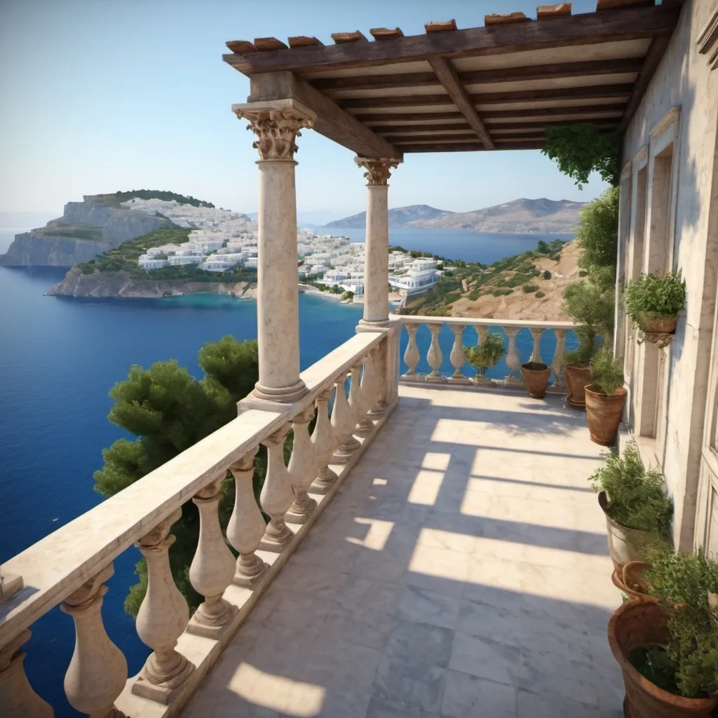 Prompt: (splendide villa de la grèce antique), (1er siècle), ornate balcony, breathtaking seaside view, charming Greek islands in the distance, rich architectural details, warm sunlight casting gentle shadows, vivid blue ocean, serene atmosphere, historical elegance, lush greenery surrounding the villa, ultra-detailed, cinematic quality, inviting ambiance, tranquility. video game style.
