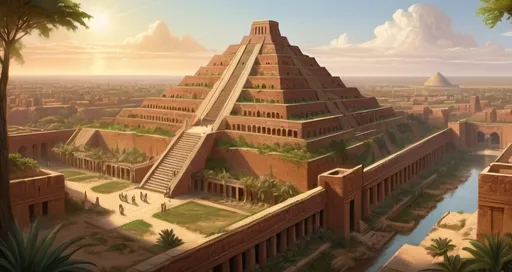 Prompt: historical illustration of Babylon, (detailed) depiction of the city, vibrant lush gardens, ancient architecture, warm earth tones, intricate designs, majestic ziggurat, serene atmosphere, sunlight casting shadows, rich cultural elements, historical authenticity, HD quality, captivating atmosphere, reminiscent of ancient civilizations.