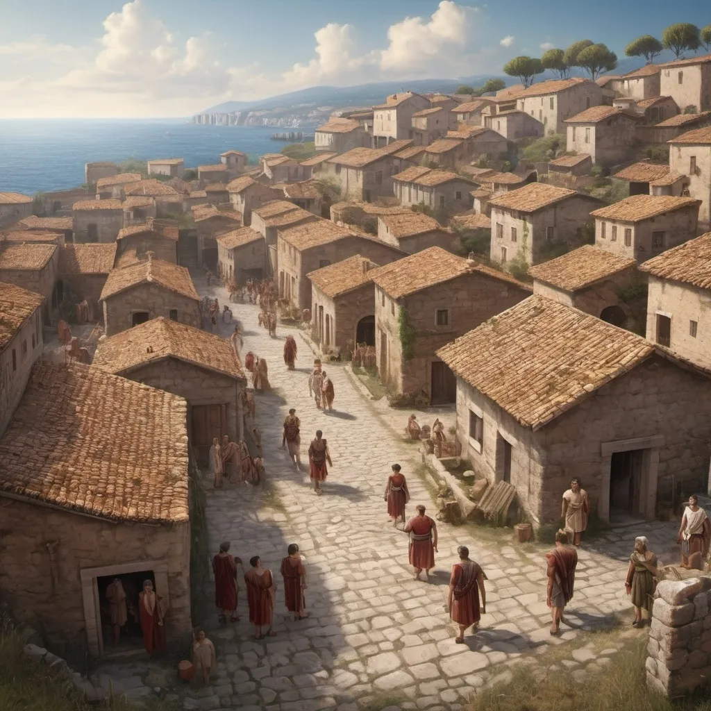 Prompt: ultra-detailed representation of a roman village with a lot of people with roman tunics (1st century antiquity) with a view on the sea
 with roman antic architecture, small village, cobblestone paths,historic atmosphere, warm tones among the structures, a lot of people in ancient attire
