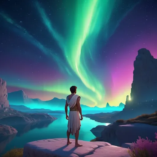 Prompt: (cartoon third-person gameplay), young man (detailed ancient Greek tunic), (richly adorned), gazing at the stars, under (breathtaking auroras), night scene, ethereal glow, vibrant colors, dreamy atmosphere, serene mood, magical ambiance, ultra-detailed, immersive background, soft ethereal lighting, enchanting view of the cosmos.
