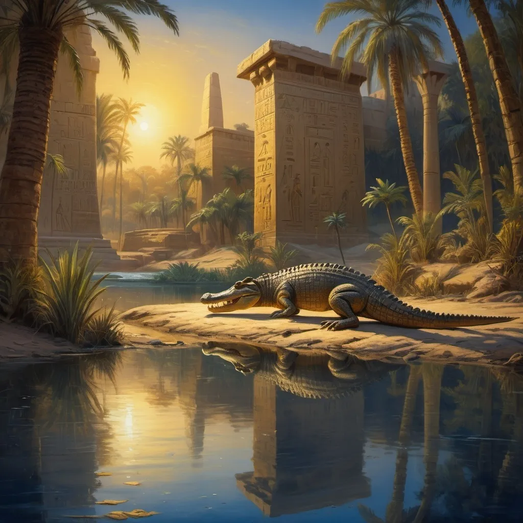 Prompt: (historic scene of crocodile dans le nil), ancient Egypt, (vivid oil painting), rich golds and deep blues, lush riverbank vegetation, detailed hieroglyphics in the background, serene yet majestic atmosphere, reflections on water, mystical quality, ethereal light illuminating scene, (4K, ultra-detailed masterpiece)