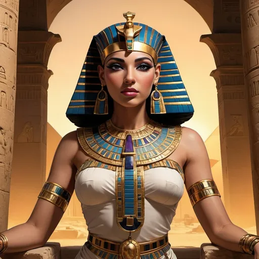 Prompt: (antiquity era), Cleopatra, (powerful ruler), commanding presence, regal attire adorned with gold, intricate designs, (opulent Egyptian backdrop),  grand pyramids, vibrant sunset hues, (dramatized lighting), evoking strength and authority, (ultra-detailed), (historical accuracy), exuding confidence, enveloped in an aura of (female empowerment), captivating and inspiring atmosphere.