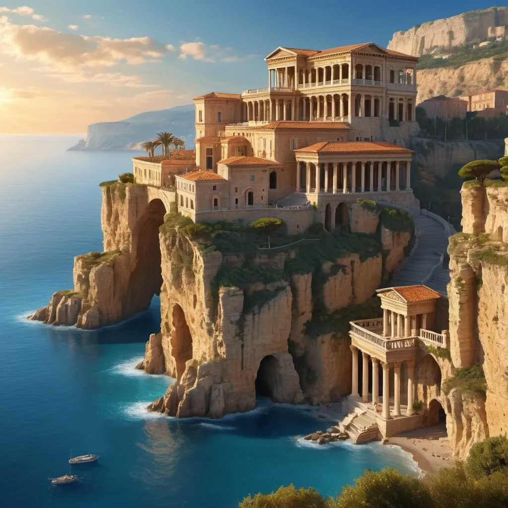 Prompt: (ancient palace), majestic ancient Roman architecture, located on the edge of a cliff on an island in the Mediterranean Sea