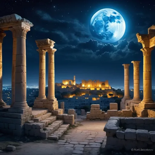 Prompt: (ancient Carthage at night), full moon illuminating the skyline, shadows dancing across ruins, vibrant smoke in the atmosphere, starry sky reflecting ancient architecture, mystical ambiance, rich blues and silvers creating a dreamlike scene, ultra-detailed, dramatic lighting, atmospheric history, tranquil yet awe-inspiring, captivating sense of time and place, HD.