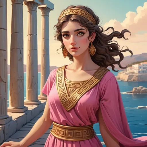 Prompt: (cartoon) (cartoon illustration of a young woman greek aristocrat in a game), (grèce antique) beautiful 20-year-old lady, (oil tan skin), (pink and gold ancient Greek tunic), (ancient Greek pier background), (vibrant colors), (dynamic anime style), (ultra-detailed), (video games style), (bande dessinée), (whimsical ambiance), bright and cheerful atmosphere. vibrant colors, dynamic, greek tunic from Antiquity et bijoux, action-packed atmosphere, (whimsical cartoon style), (highly expressive), cinematic flaird, playful vibes, 4K resolution, engaging composition, capturing the essence of ancient greece

