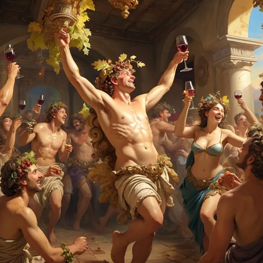 Prompt: représentation de bacchus faisant la fête, antiquité, scène histrorique, painting style