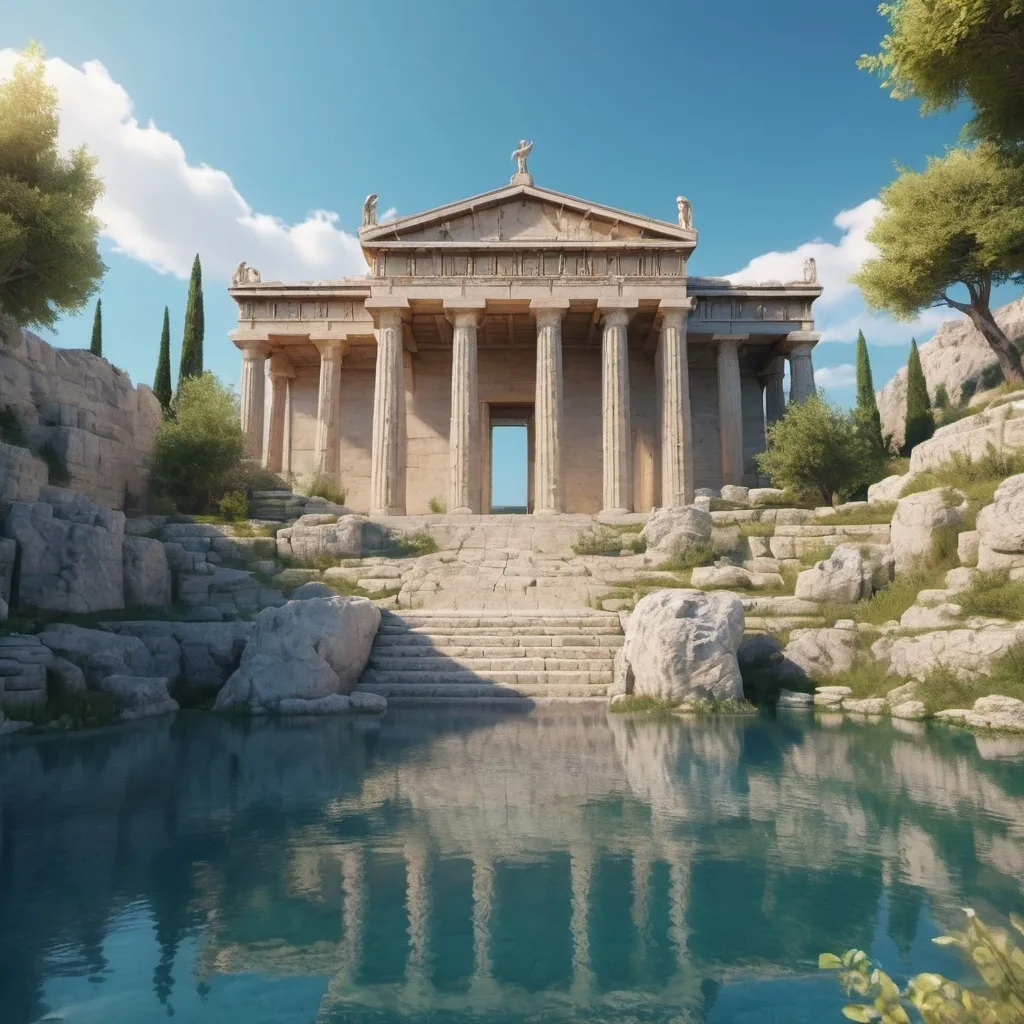 Prompt: kingdom with Ancient Greece architecture. A lot of building. A lake. historic atmosphere