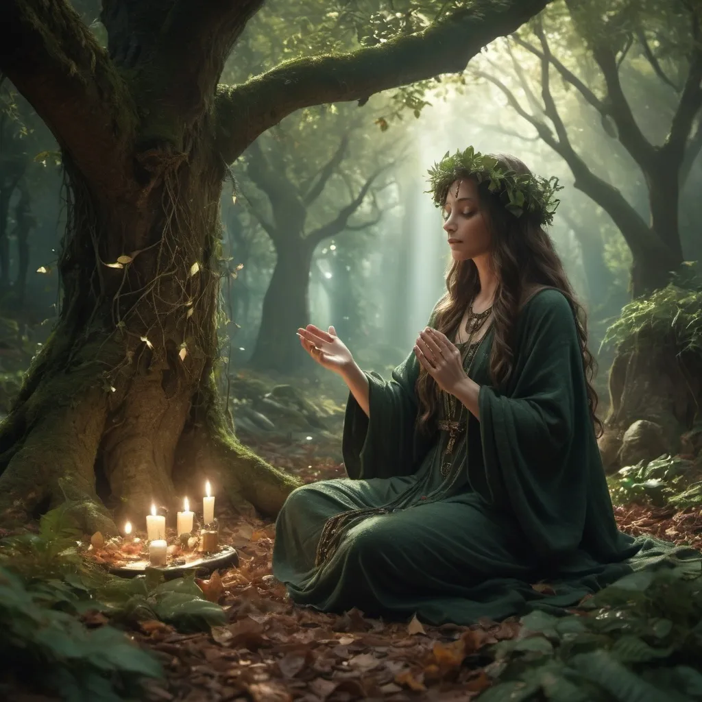 Prompt: (druid performing a ceremony), (antiquity), enchanted forest, ancient trees, shimmering light filtering through leaves, softly glowing crystals, rich greenery, earthy tones, mystical atmosphere, deep shadows, serene ambiance, intricate rituals, delicate vines surrounding the scene, natural details like flowers and fallen leaves, (4K ultra-detailed) image quality, captivating and meditative mood, historic