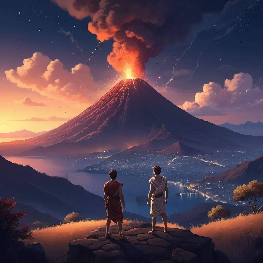 Prompt: (video game style), (high-quality illustration), two ancient Greek boys, 20 years old, standing atop a hill, admiring a stunning volcano view at night, (dramatic sky), soft glowing stars, serene and contemplative ambiance, lush landscape detail, deep shadows, (rich colors), crisp outlines, immersive atmosphere, breathtaking scenery with subtle wisps of smoke from the volcano, evocative and peaceful scene.